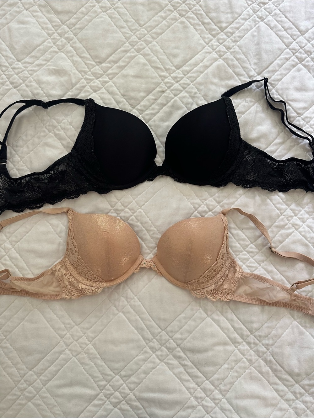 Two Victoria's Secret Black and Rose Gold Lace-Trim Push-Up Bras